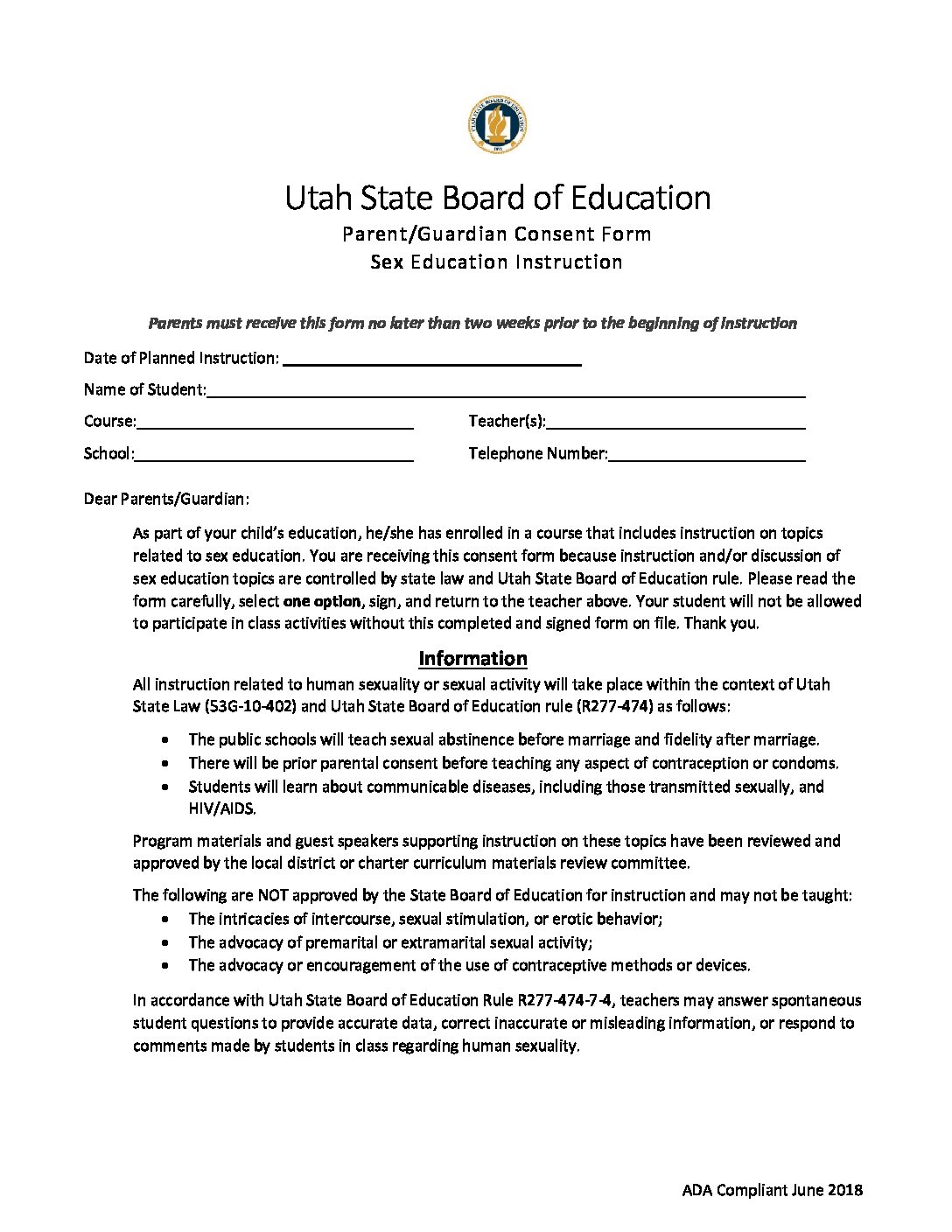 2018 Sex Education Parent Consent Form - Idaho Education News